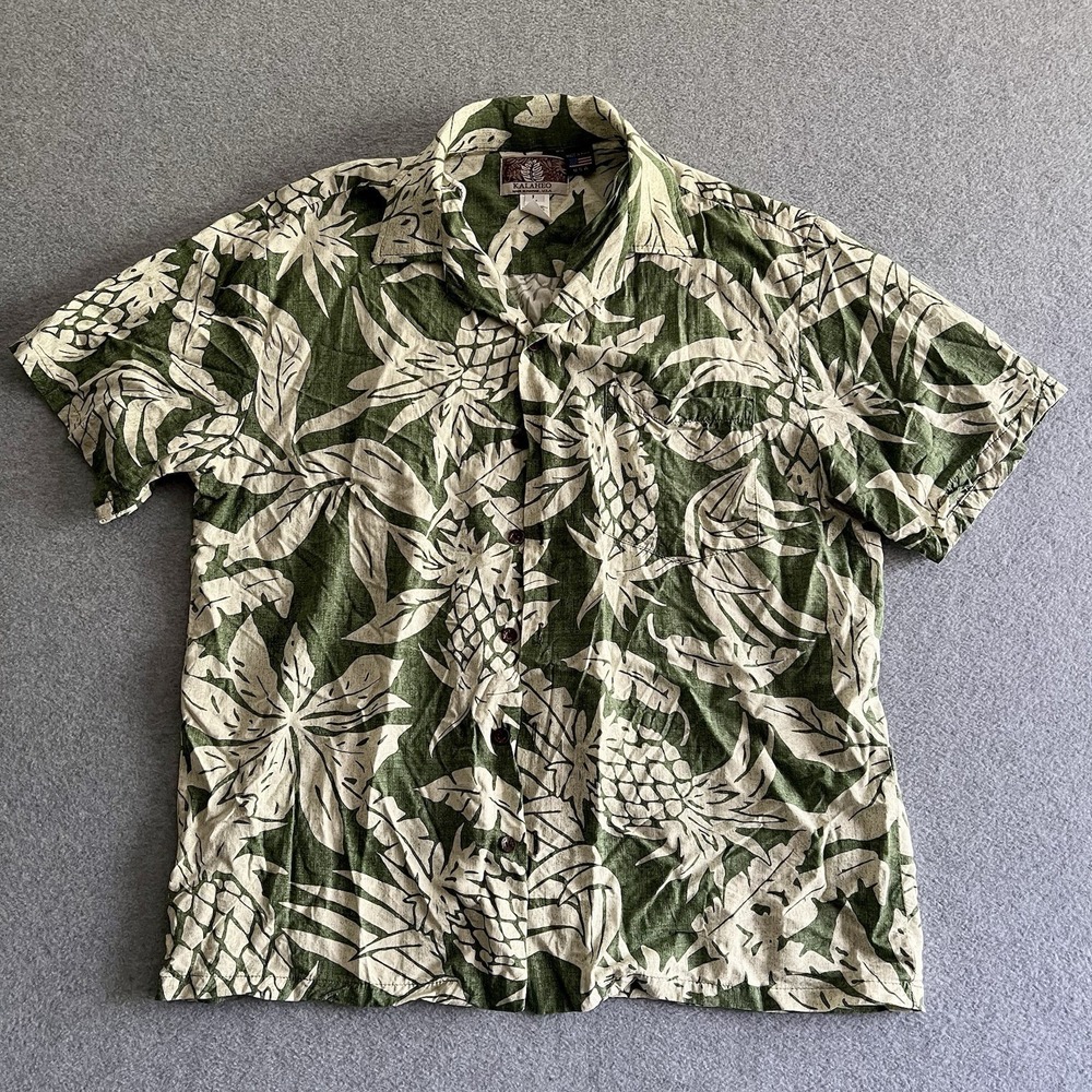 Kalaheo Sz L Hawaiian Aloha Rayon Shirt Green Pineapples Print Made in USA